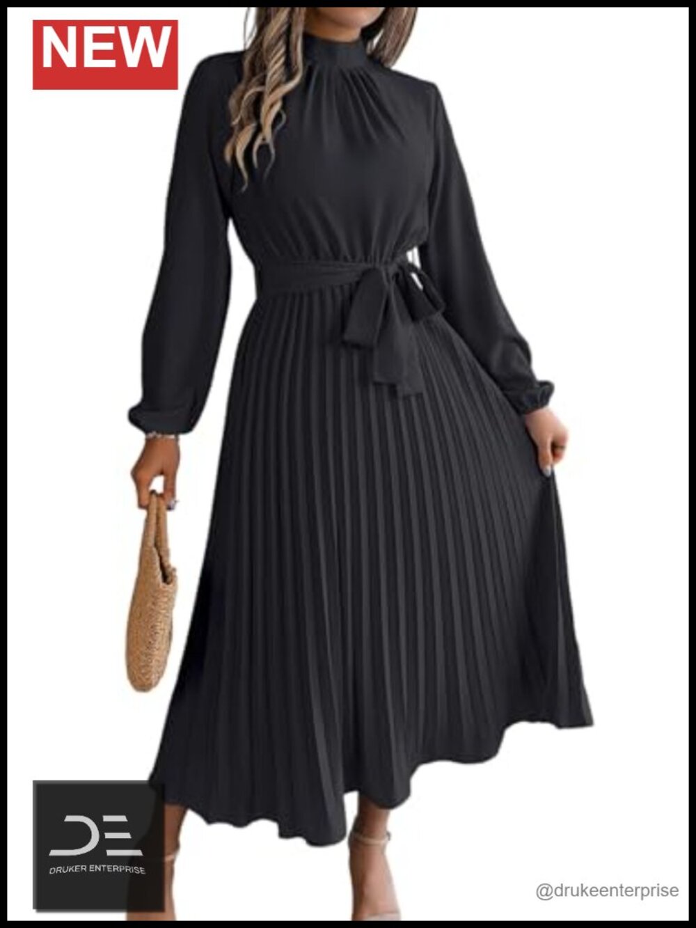 Women's Long Sleeve Pleated Midi Dress Flowy A-Line Semi Formal